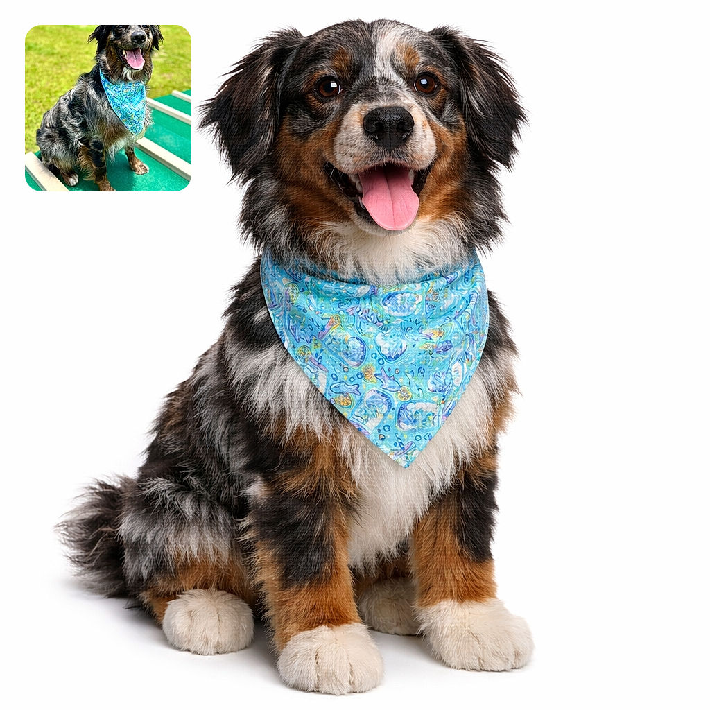 A happy dog wearing a colorful blue bandana sits proudly on a green platform outdoors with a sunlit grassy background, tongue out and looking ready for an adventure.