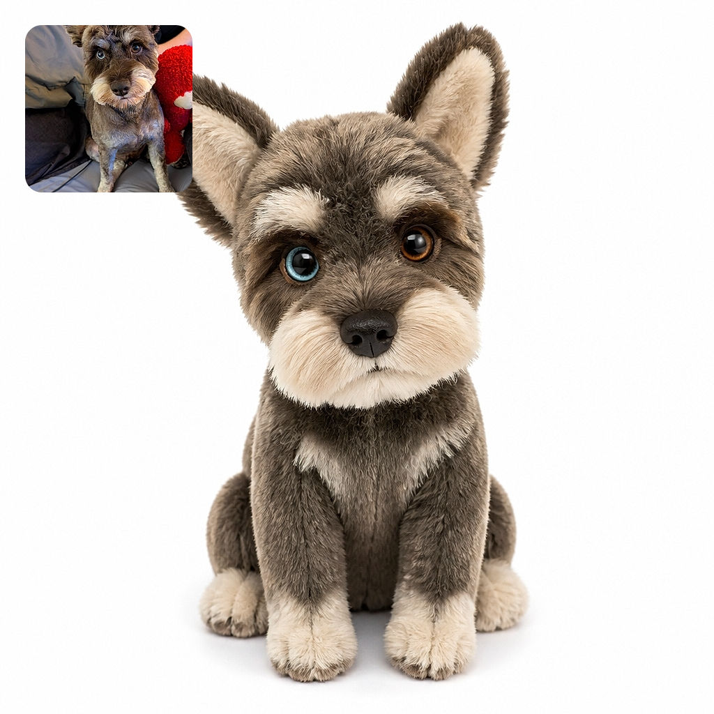 A distinguished schnauzer sits proudly on a couch, flashing one blue eye and one brown eye like a tiny canine celebrity who has just been asked to judge everyone’s fashion choices. A giant red plush toy provides dramatic backup while a person lounges in the background.