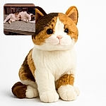 A fluffy cat is sprawled out on a bed or couch, seemingly in a deep nap with one paw covering its face. The background shows a TV screen with a colorful scene and various collectibles on shelves underneath, adding a cozy and playful vibe to the room.