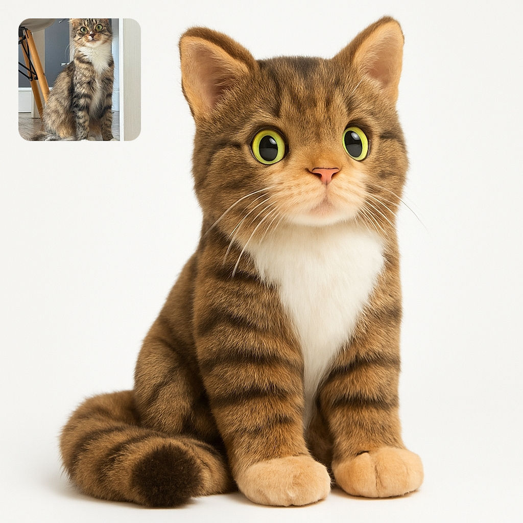A majestic tabby cat with bright green eyes sits attentively on a wooden floor, framed by modern furniture. Its fluffy tail curls around its paws as it gazes curiously, looking ready to pounce on an invisible toy or plot world domination.