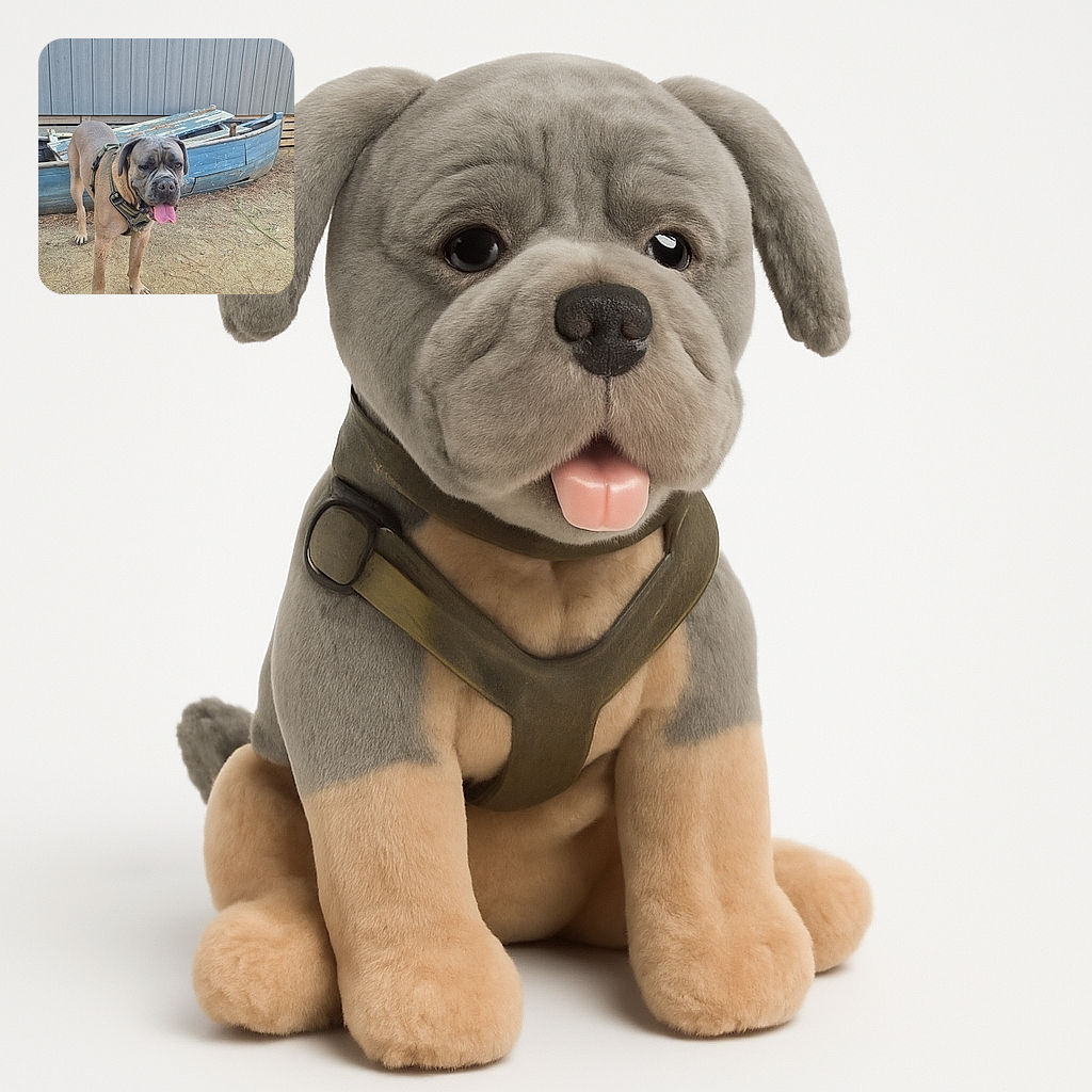 A large dog with a harness is standing on dirt in front of a weathered blue wooden boat and a gray paneled wall, looking tired with its tongue hanging out as if it just finished a big adventure.