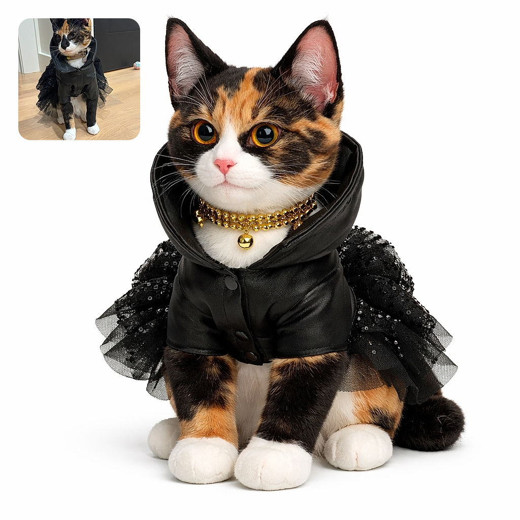 A glamorous calico cat wearing a tiny black jacket and sparkly tutu, rocking a blingy collar with a bell like it's late‑night runway royalty — paws neatly placed on the hardwood as if posing for its agent.