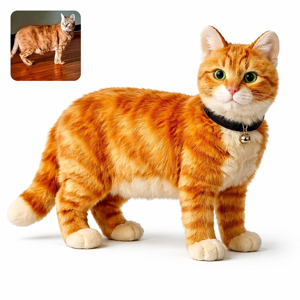 A chunky orange tabby in a tiny collar stands on shiny hardwood, striking a regal yet suspicious pose while its bright green eyes scan the room — clearly plotting snack acquisition. The muted wall and floor reflection keep all attention on this dignified floof.