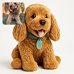 A fluffy golden dog with curly fur is happily sitting on the grass with its tongue out, looking curious and joyful. The background shows a wooden fence and a small animal enclosure, basking in warm sunlight.