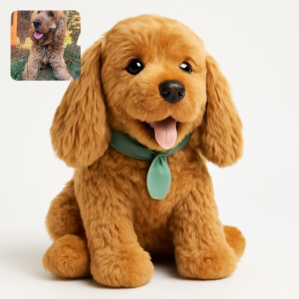 A fluffy golden dog with curly fur is happily sitting on the grass with its tongue out, looking curious and joyful. The background shows a wooden fence and a small animal enclosure, basking in warm sunlight.