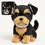 A curious small dog with scruffy black and tan fur looks up eagerly while standing on a cracked pavement, casting a tall shadow behind it like a tiny superhero.