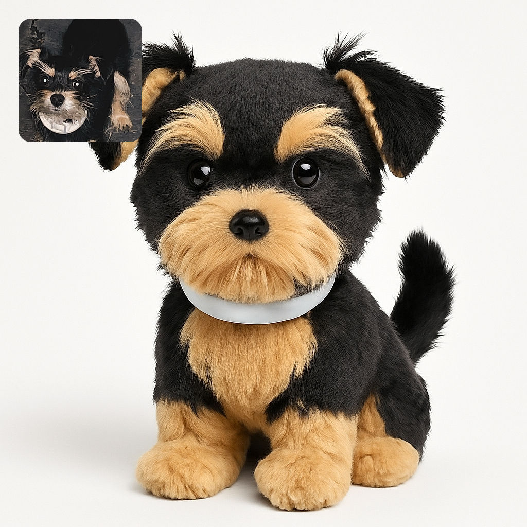 A curious small dog with scruffy black and tan fur looks up eagerly while standing on a cracked pavement, casting a tall shadow behind it like a tiny superhero.