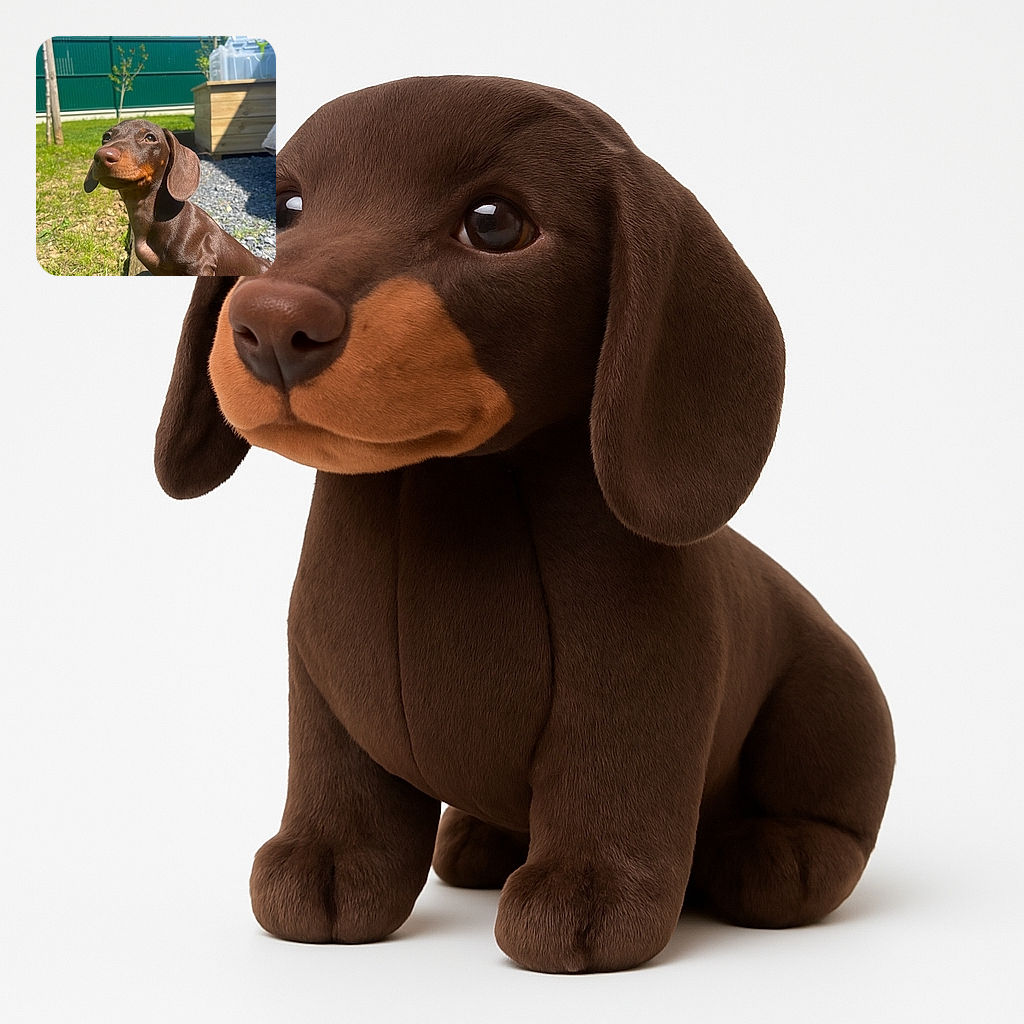 A charming brown dachshund puppy basks in the sunlight with a slightly amused expression, sitting on a patch of grass and gravel near a wooden planter and a green fence in the background.