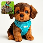 A small, adorable puppy wearing a turquoise harness is perched on a weathered tree stump surrounded by lush green grass. The pup's big, curious eyes are looking straight at the camera, making it impossible not to smile.