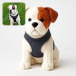 A sturdy white bulldog with a brown patch over one eye stands alert in a grassy field, wearing a black harness that looks ready for an adventure. The photo has a slight artistic filter giving it a painted texture, making the dog look like a tough but lovable character from a comic book.