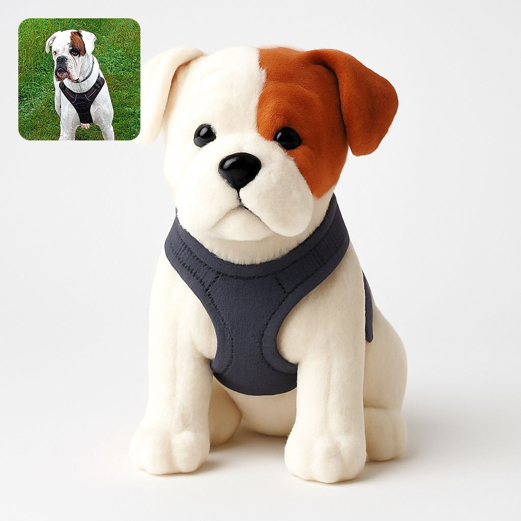 A sturdy white bulldog with a brown patch over one eye stands alert in a grassy field, wearing a black harness that looks ready for an adventure. The photo has a slight artistic filter giving it a painted texture, making the dog look like a tough but lovable character from a comic book.