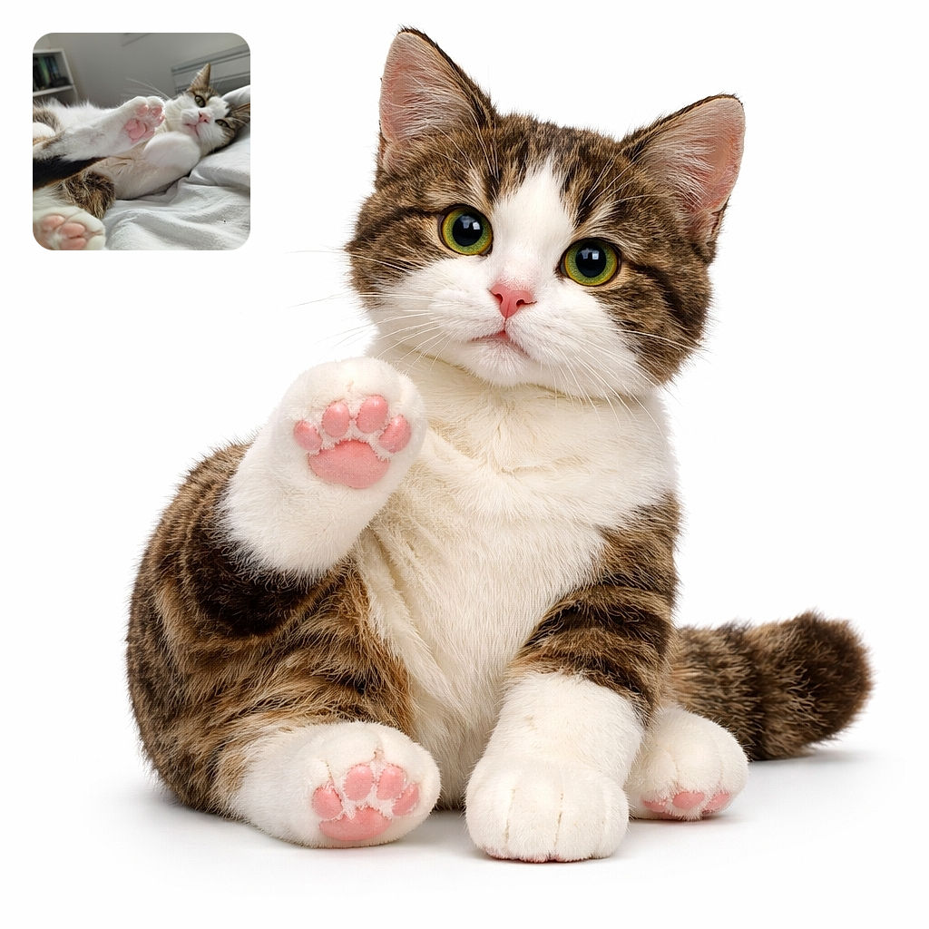 A pampered house cat sprawled on a bed holds its pink paw-pads up to the camera like tiny marshmallows — whiskers and half-open eyes, soft window light and a blurred bookshelf in the background.