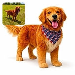 A joyful golden retriever stands proudly on a sunny green field, tongue out and wearing a colorful bandana, soaking up the perfect day with fluffy clouds and trees in the background.