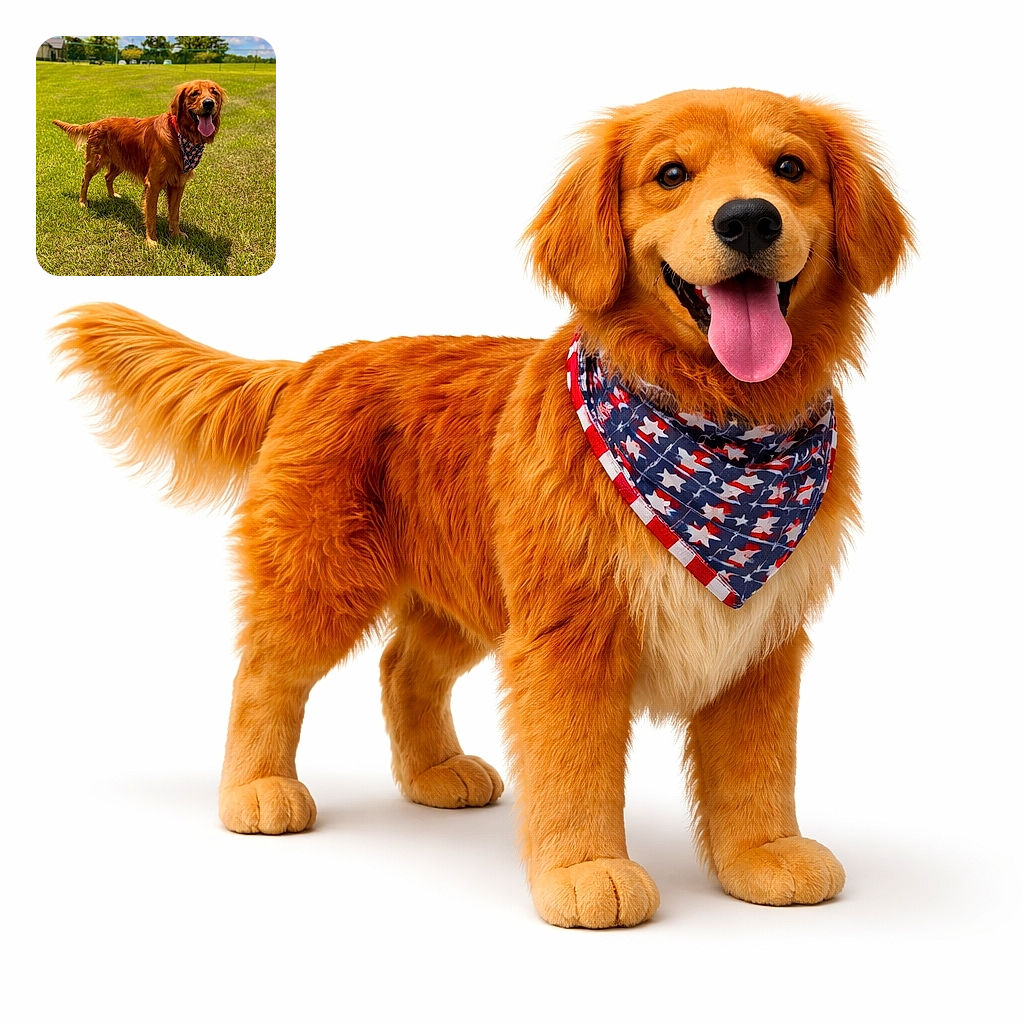 A joyful golden retriever stands proudly on a sunny green field, tongue out and wearing a colorful bandana, soaking up the perfect day with fluffy clouds and trees in the background.