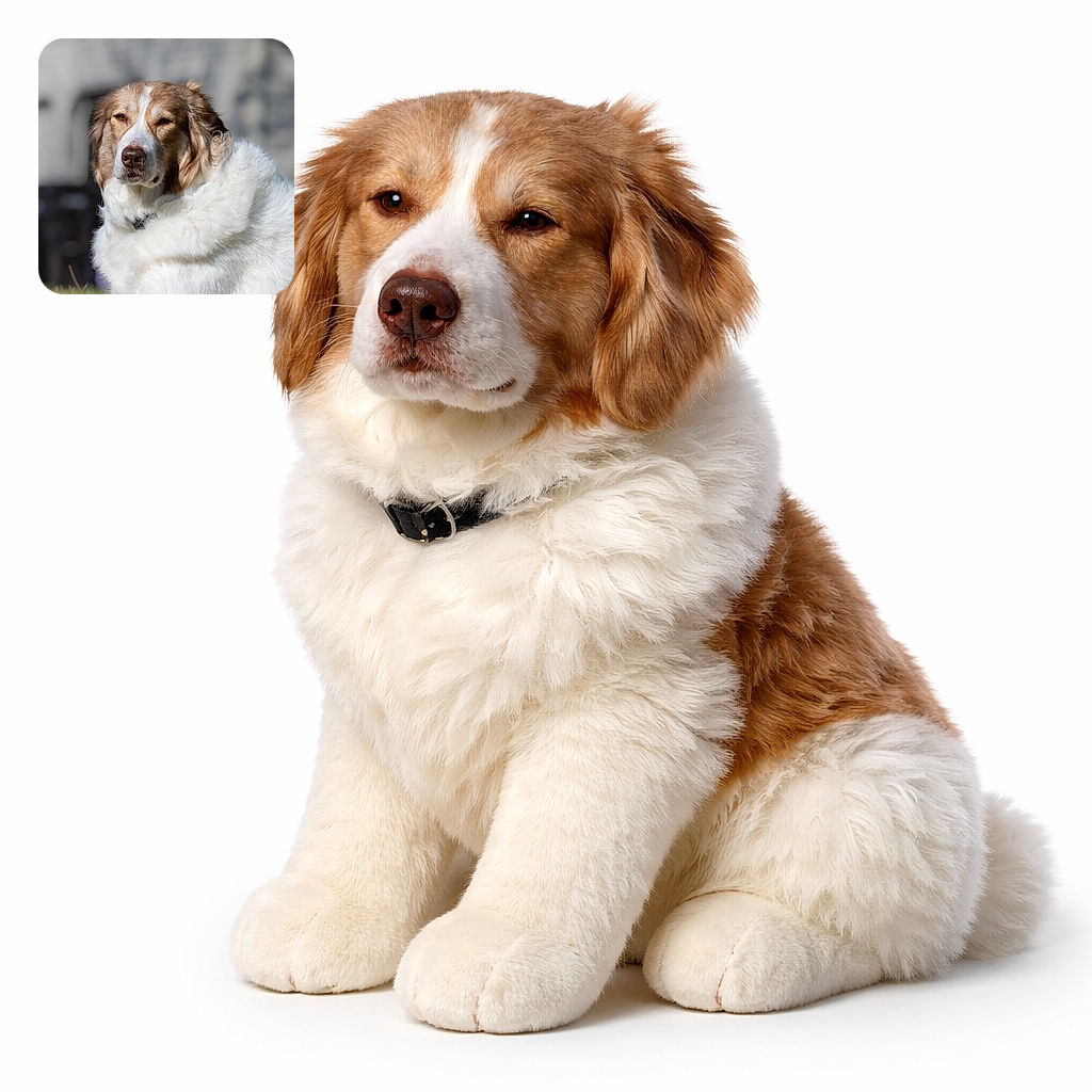 A regal, squinting brown-and-white dog stares into the sun like it owns the neighborhood. Fluffy white ruff, wet nose and soulful eyes fill the frame while a soft, out-of-focus yard and house provide a creamy bokeh backdrop — the kind of portrait that says 'treats later, respect now.'