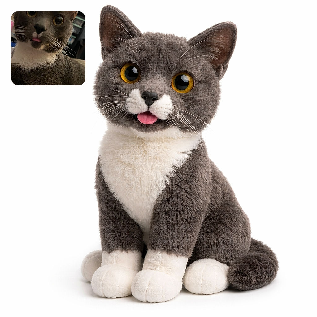An up-close, startled-looking gray-and-white cat with giant golden eyes and a tiny pink tongue sticking out — the very definition of dramatic snack-face. Whiskers on full display, nose front-and-center, like a fluffy detective caught mid-investigation.