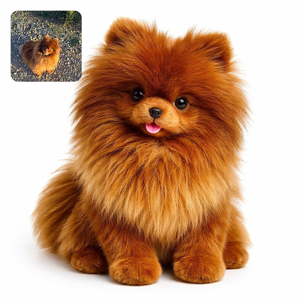 A tiny, fluffy Pomeranian stares up with a suspiciously regal expression as golden hour light turns its coat into a toasted-marshmallow halo — perched on pebbles and grass like a furry little monarch inspecting the kingdom.