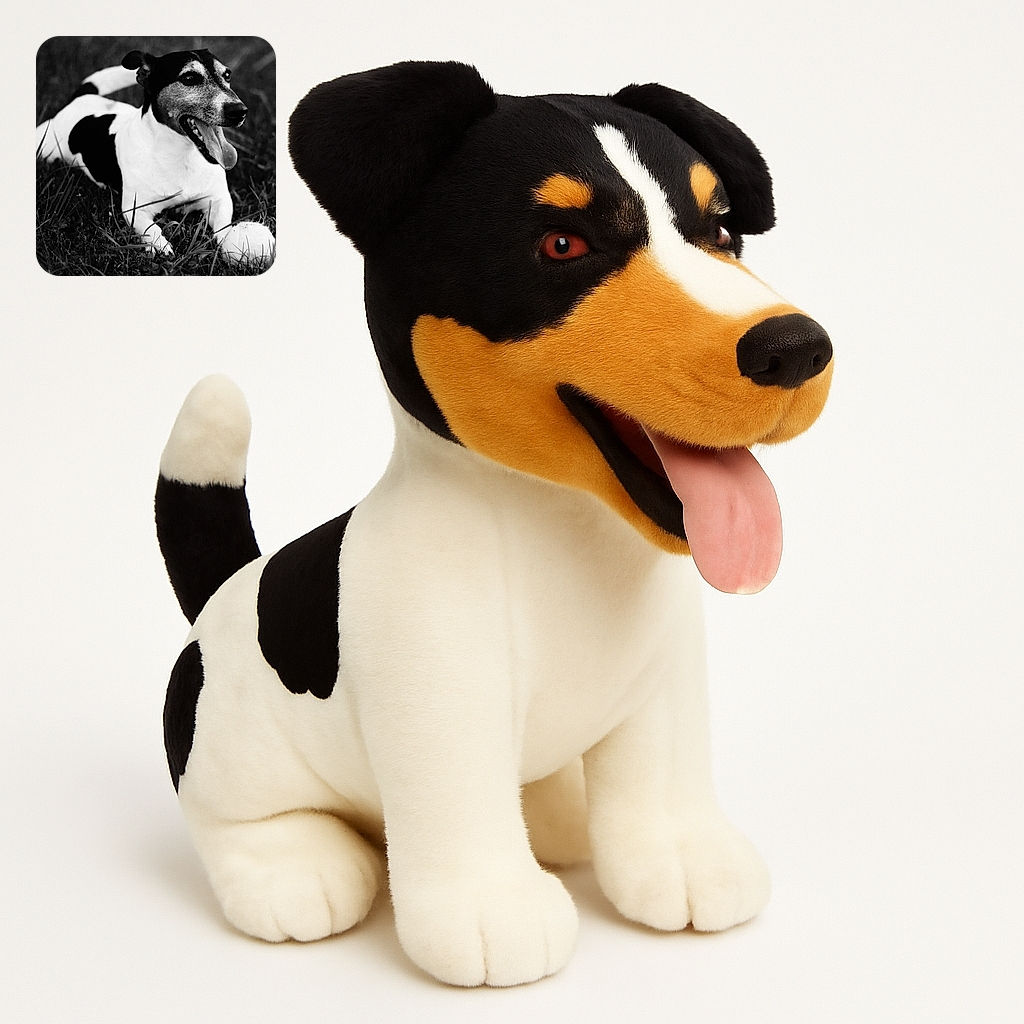 A happy dog with a black and white coat is lying on the grass, tongue out, next to a white ball, captured in a sharp and artistic black and white photo.
