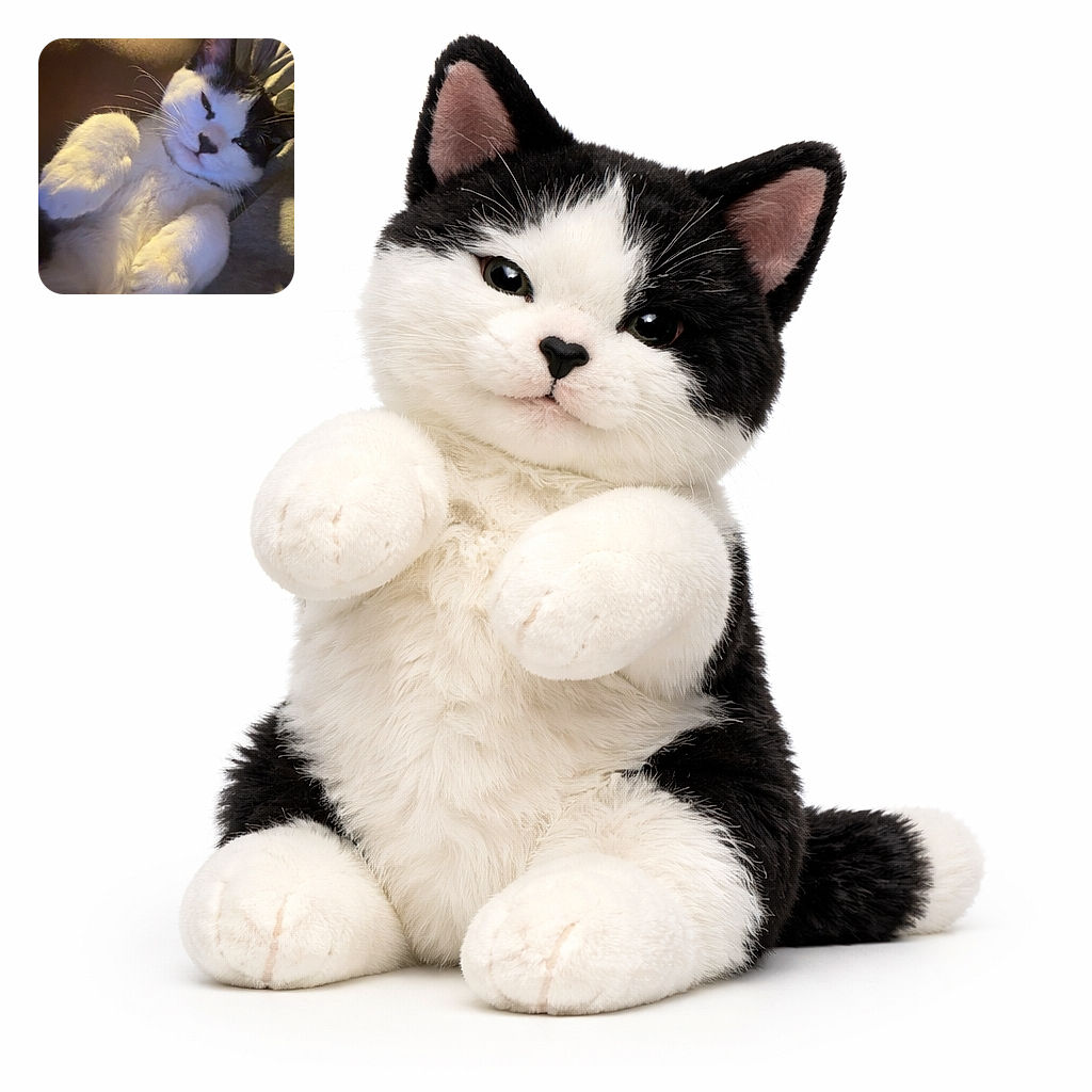 A smug black-and-white cat sprawled belly-up like it owns the couch, tiny paws curled, whiskers on full display and a nose marking that looks suspiciously like a mustache — clearly plotting more cuddles (or snacks).