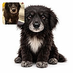 A wet black dog with a white patch on its chest sits patiently on a purple bath mat in a bathroom, looking directly at the camera with big, soulful eyes, as if wondering when the bath will be over.
