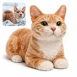 A curious orange and white cat with big green eyes is perched on a cozy, soft blue blanket, looking attentively towards something off-camera, with a soft and calm indoor background.