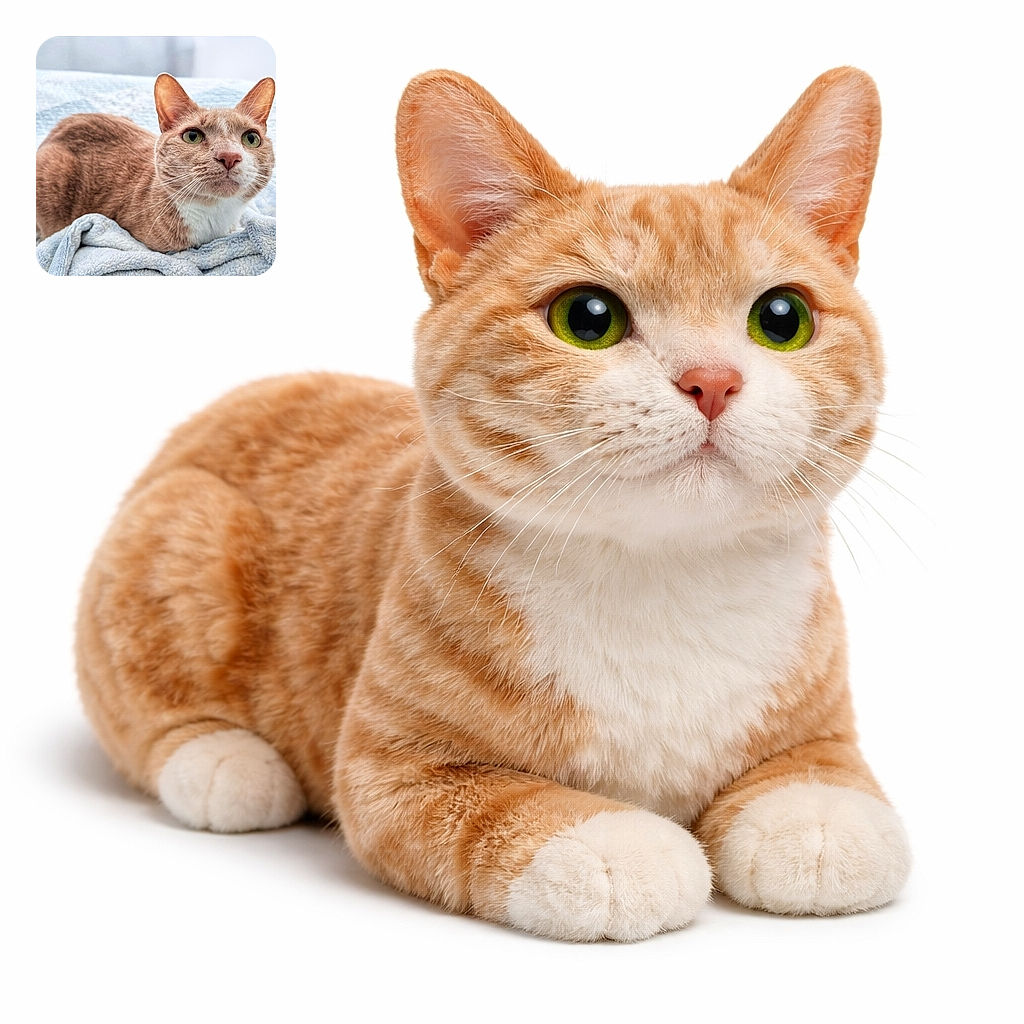 A curious orange and white cat with big green eyes is perched on a cozy, soft blue blanket, looking attentively towards something off-camera, with a soft and calm indoor background.