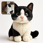 A curious black and white cat with striking green eyes stares intently, sitting on a surface with a slightly blurred indoor background that includes a bulletin board with photos.