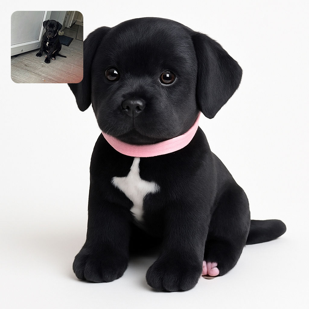 A cute black puppy with a white patch on its chest sits patiently on a worn wooden floor inside a home, looking directly at the camera with soulful eyes. The background includes a washing machine and a small mat, adding a cozy domestic vibe. A finger slightly obscures the bottom right corner, adding a candid feel to the shot.