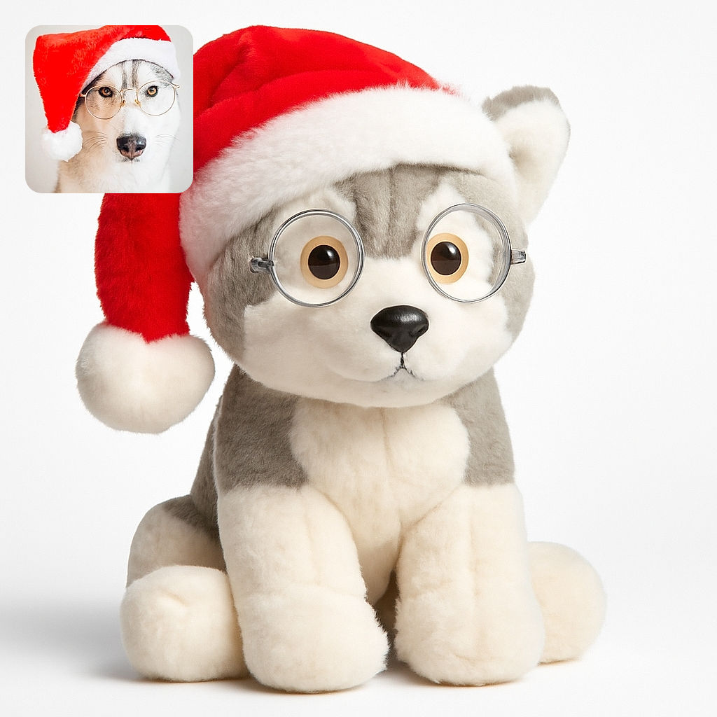 A dignified husky dog wearing round glasses and a bright red Santa hat, looking straight at the camera with a calm and wise expression, perfectly capturing holiday spirit with a touch of intellectual charm.