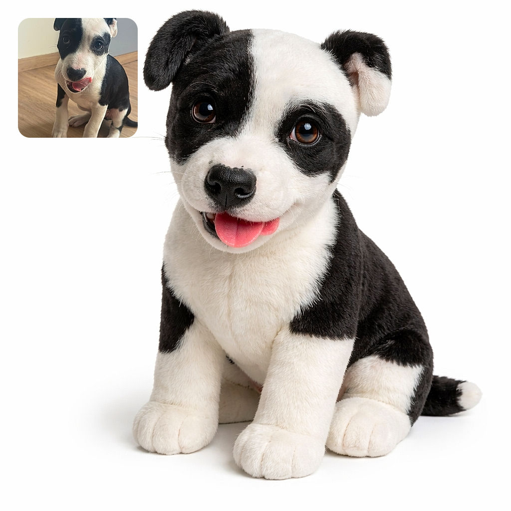 A charming black and white puppy sits on a wooden floor, licking its nose with an adorable expression that could melt anyone's heart. The lighting is natural and soft, highlighting the puppy's shiny eyes and smooth fur.