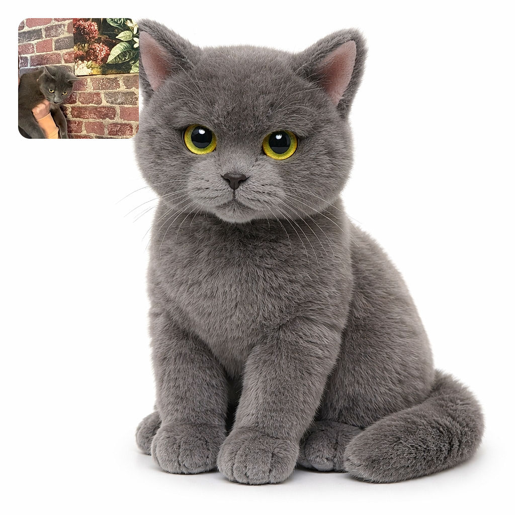 A grumpy gray cat is being held up against a brick wall with a floral painting — yellow eyes glaring like it's personally offended by picture day. The photo is a cozy, slightly blurry snapshot capturing the cat's unimpressed expression and soft fur against textured bricks.