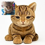 A close-up photo of a tabby cat resting on a colorful tablecloth with an artistic pattern, the cat's eyes half-closed in a relaxed, contemplative expression, with soft natural lighting highlighting the fur texture.