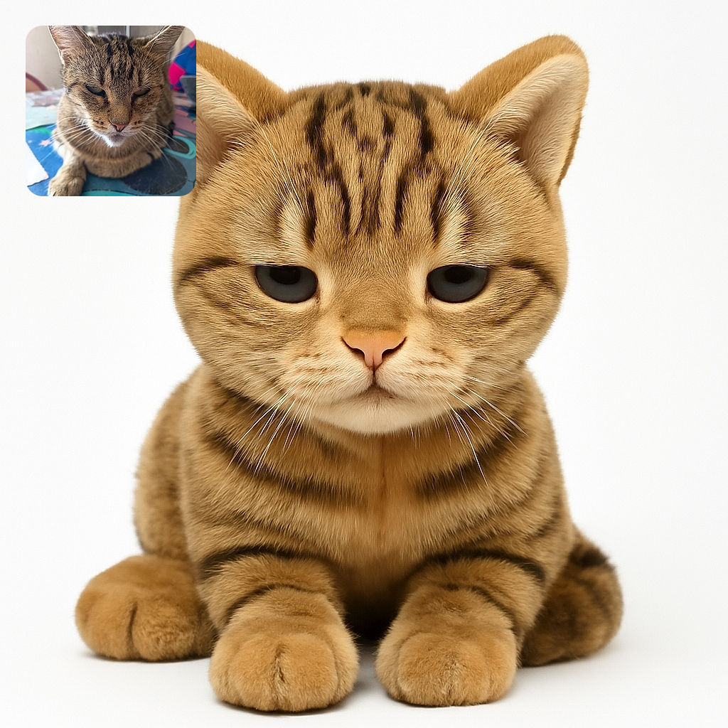 A close-up photo of a tabby cat resting on a colorful tablecloth with an artistic pattern, the cat's eyes half-closed in a relaxed, contemplative expression, with soft natural lighting highlighting the fur texture.