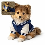 A fluffy puppy dressed in a cute blue and white jacket stands on a sunlit pavement, casting a long shadow and looking adorably curious as if ready for an outdoor adventure.