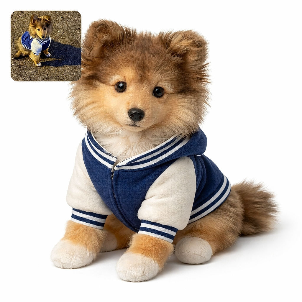 A fluffy puppy dressed in a cute blue and white jacket stands on a sunlit pavement, casting a long shadow and looking adorably curious as if ready for an outdoor adventure.