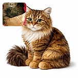 A fluffy tabby cat curled up comfortably inside a rustic burlap sack with a curious and slightly intense gaze, surrounded by household items including bottles on a shelf and soft fabric nearby.