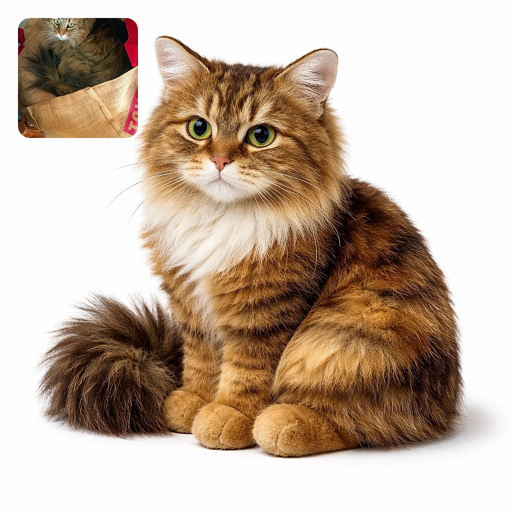A fluffy tabby cat curled up comfortably inside a rustic burlap sack with a curious and slightly intense gaze, surrounded by household items including bottles on a shelf and soft fabric nearby.
