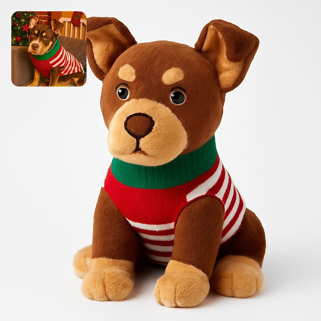 A charming dog wearing a festive red, white, and green striped sweater sits patiently on a couch adorned with a colorful quilt. Behind, a decorated Christmas tree with glowing lights and red ornaments adds a warm holiday ambiance, while a stocking hangs on a chair against a rustic brick wall.