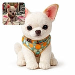 A tiny white chihuahua lounges on a fluffy pink blanket, giving an earnest stare like it’s ready to negotiate treats — ears perked, harness colorful, and the messy bedroom behind it adds a homely charm.