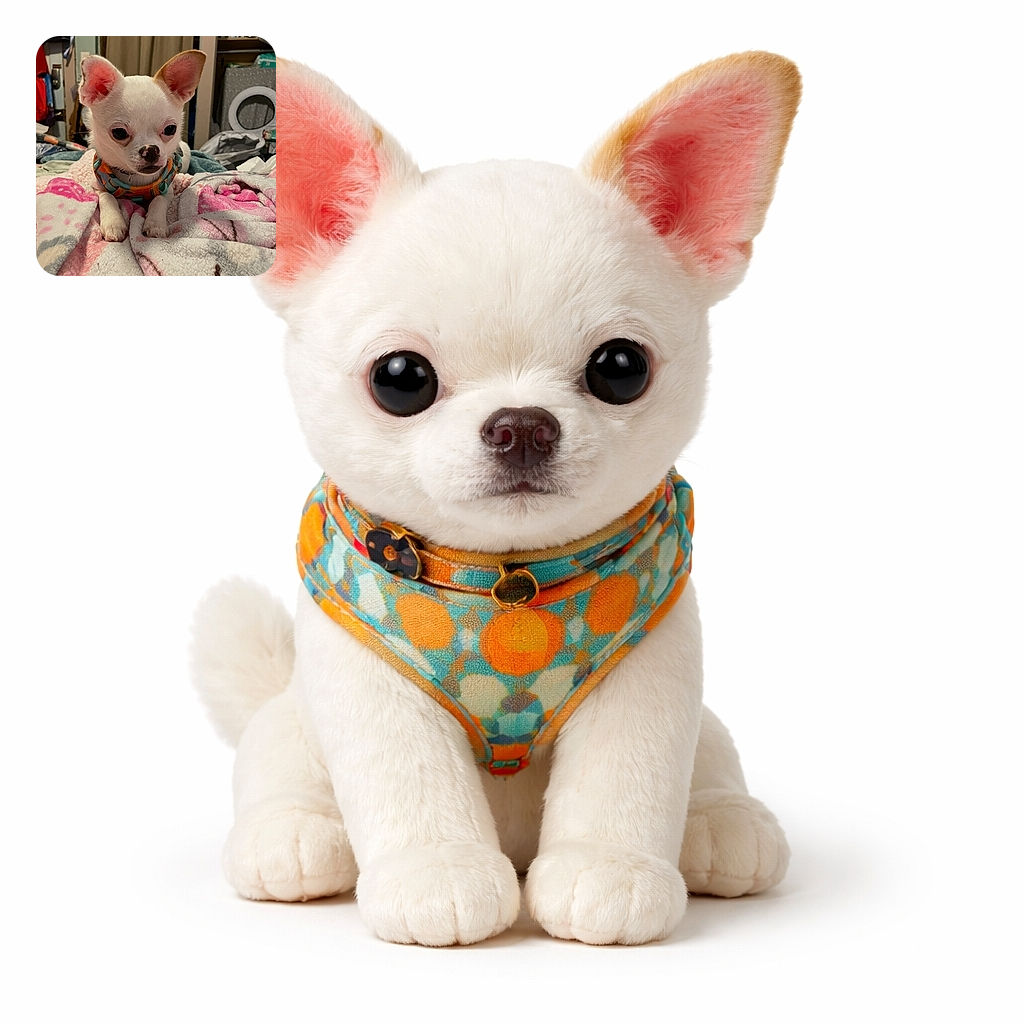 A tiny white chihuahua lounges on a fluffy pink blanket, giving an earnest stare like it’s ready to negotiate treats — ears perked, harness colorful, and the messy bedroom behind it adds a homely charm.