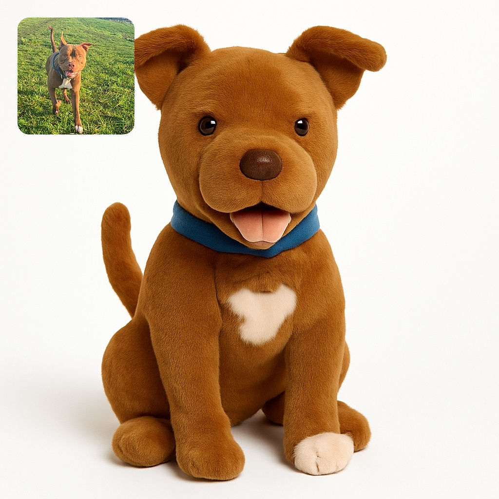 A lively brown dog with a white patch on its chest joyfully runs towards the camera across a sunlit grassy field, ears perked up and tail wagging, with a backdrop of urban buildings and a fence.
