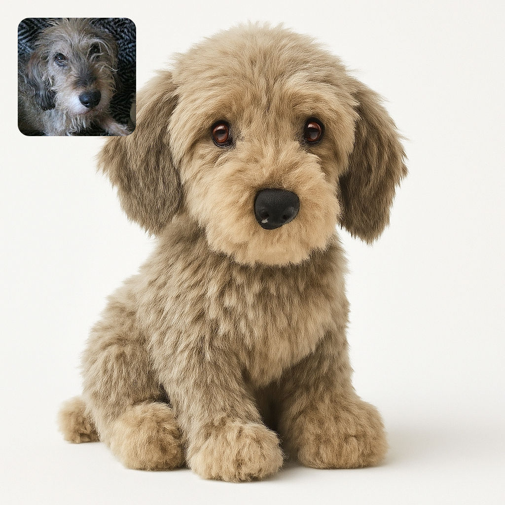 A close-up shot of a scruffy, curly-haired dog with soulful eyes and a black nose, resting on a patterned blanket that adds texture to the cozy scene.