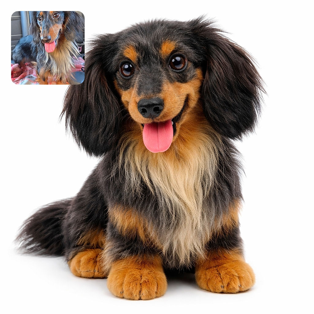 A long-haired dachshund steals the spotlight — tongue lolling, shiny nose catching reflections, and big soulful eyes surveying the car like it owns the road. Perched on a cozy plaid blanket, this little passenger looks equal parts proud and hungry for treats.