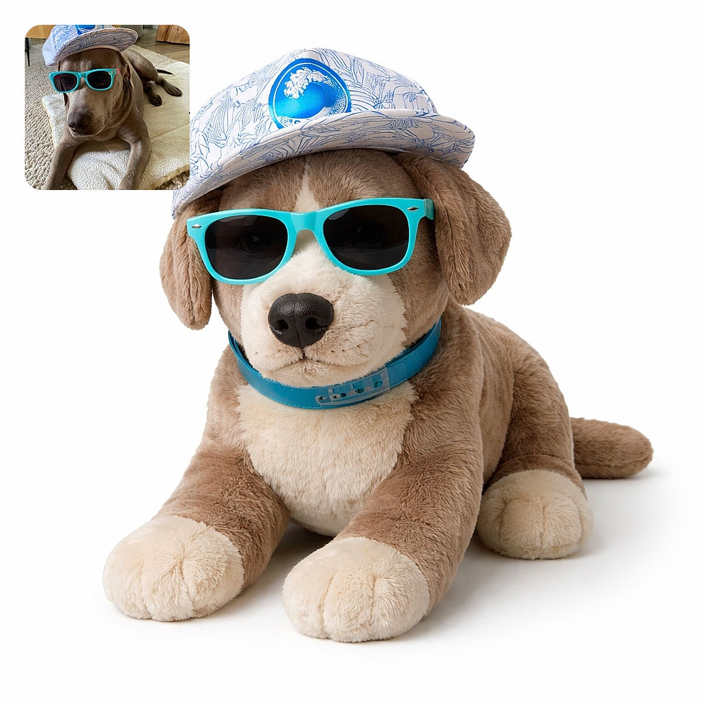 A cool dog is lounging on a cozy blanket, rocking a stylish white and blue cap and bright turquoise sunglasses like the ultimate canine fashionista.