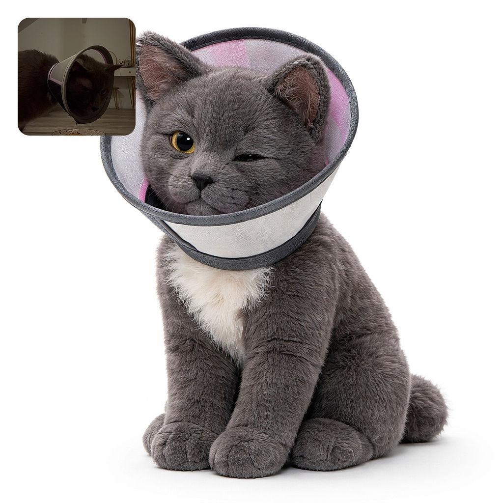 A grumpy grey cat awkwardly modeling a cone of shame while sniffing a plate of food on the floor — cinematic low light, slightly blurry edges, and all the dignity of a roommate who forgot to remove the cone before dinner.