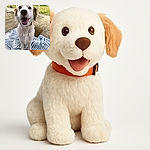 A joyful white dog with brown ears is sitting on a patterned blue and white rug outside, looking directly at the camera with its mouth open in a happy pant, capturing a candid moment of pure canine delight.