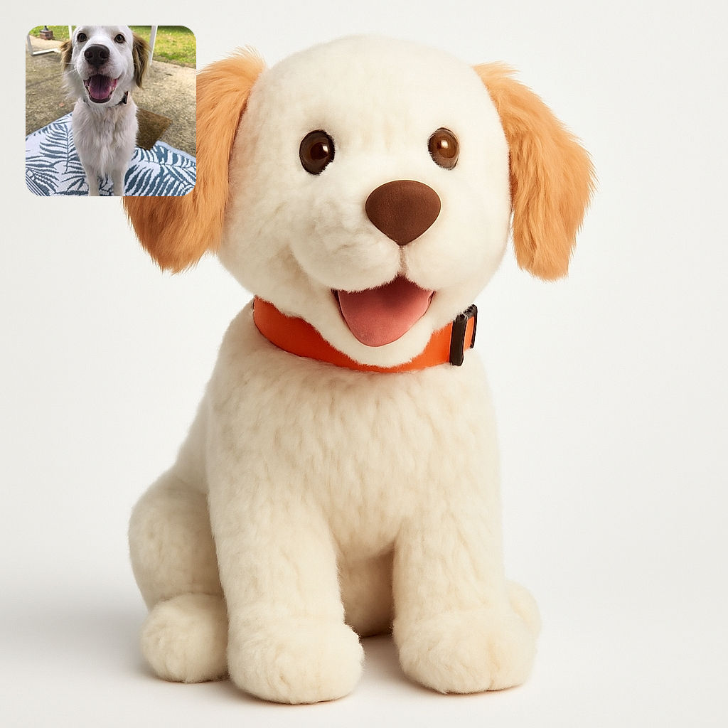 A joyful white dog with brown ears is sitting on a patterned blue and white rug outside, looking directly at the camera with its mouth open in a happy pant, capturing a candid moment of pure canine delight.