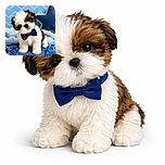 An adorable fluffy puppy sporting a classy navy blue bow tie stands on a cozy blue surface with matching toys and a star-shaped pillow in the background, looking curiously at the camera with a slight head tilt.