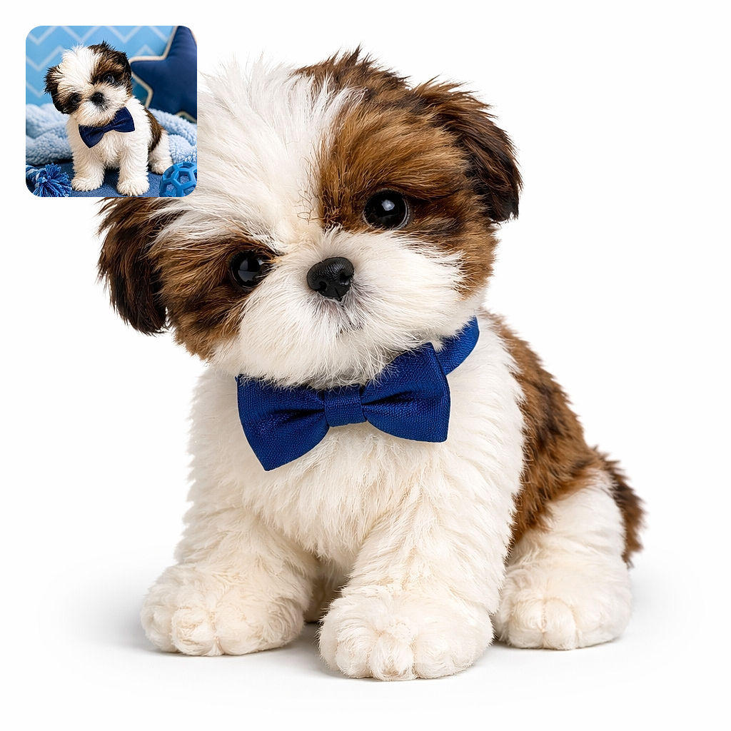 An adorable fluffy puppy sporting a classy navy blue bow tie stands on a cozy blue surface with matching toys and a star-shaped pillow in the background, looking curiously at the camera with a slight head tilt.