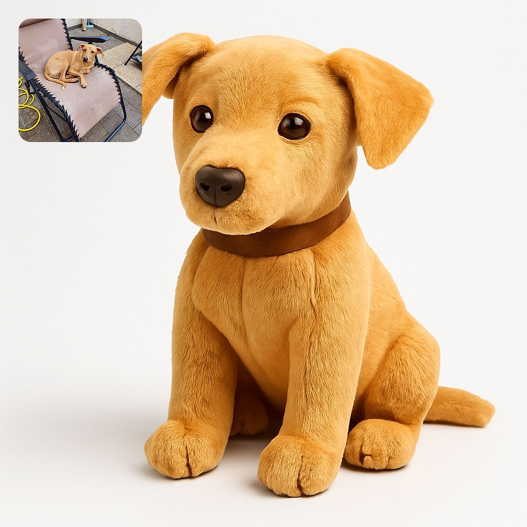 A relaxed tan dog is comfortably lounging on a beige outdoor recliner chair, looking calmly at the camera. The setting is a tiled patio with a yellow garden hose coiled nearby and a broom leaning against the wall in the background.